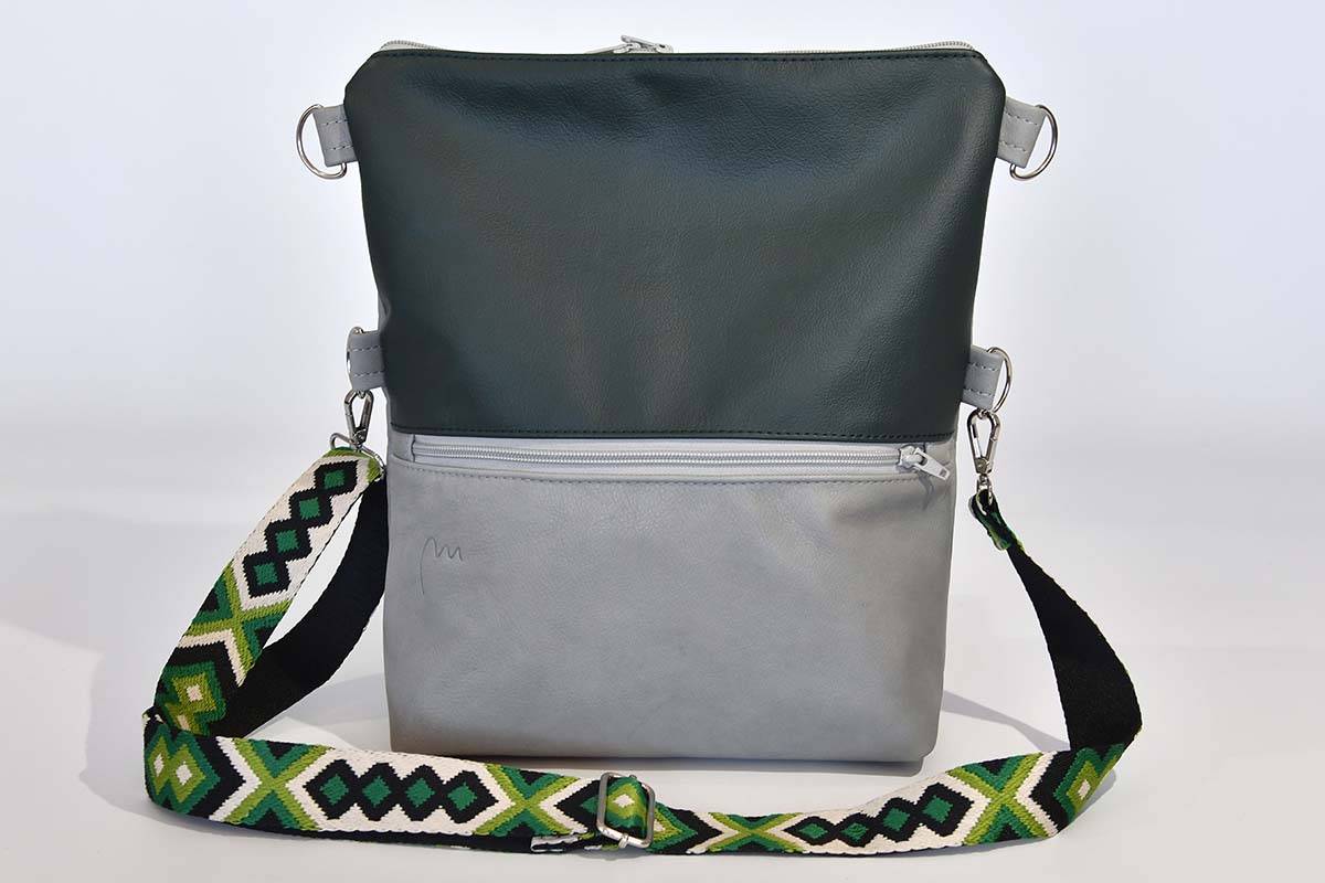 Schultertasche Sam flex Rindsleder grau und dunkelgrün