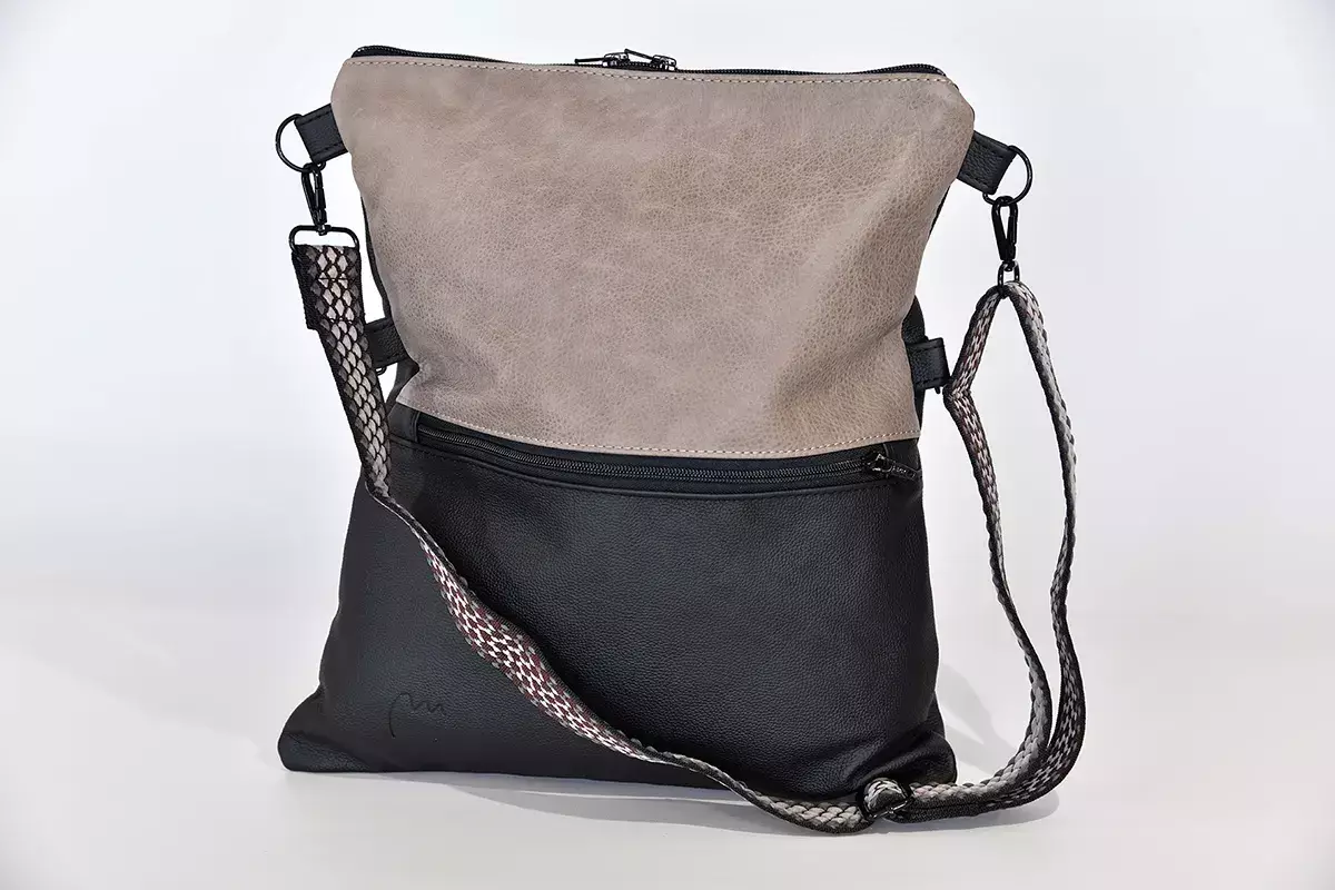 handgefertigte Ledertasche Sam felx schwarz und steingrau