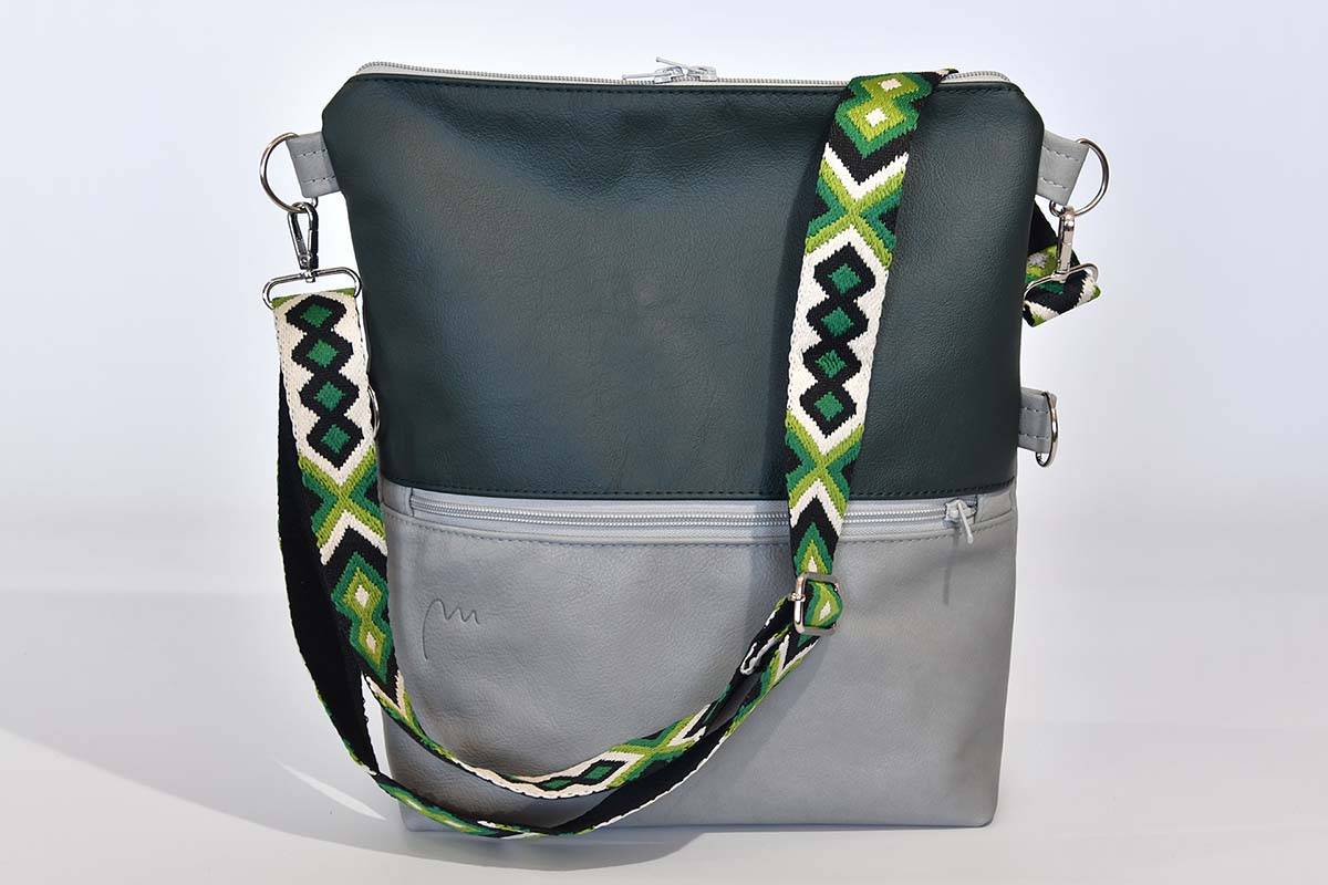 Schultertasche Sam flex Rindsleder grau und dunkelgrün